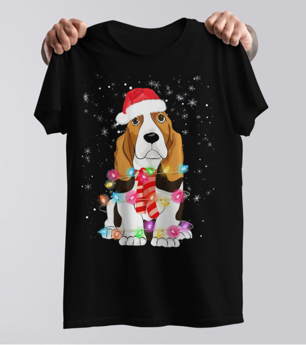 Christmas Basset Hound Dog Lover With Santa Hat And Holiday Lights T-Shirt