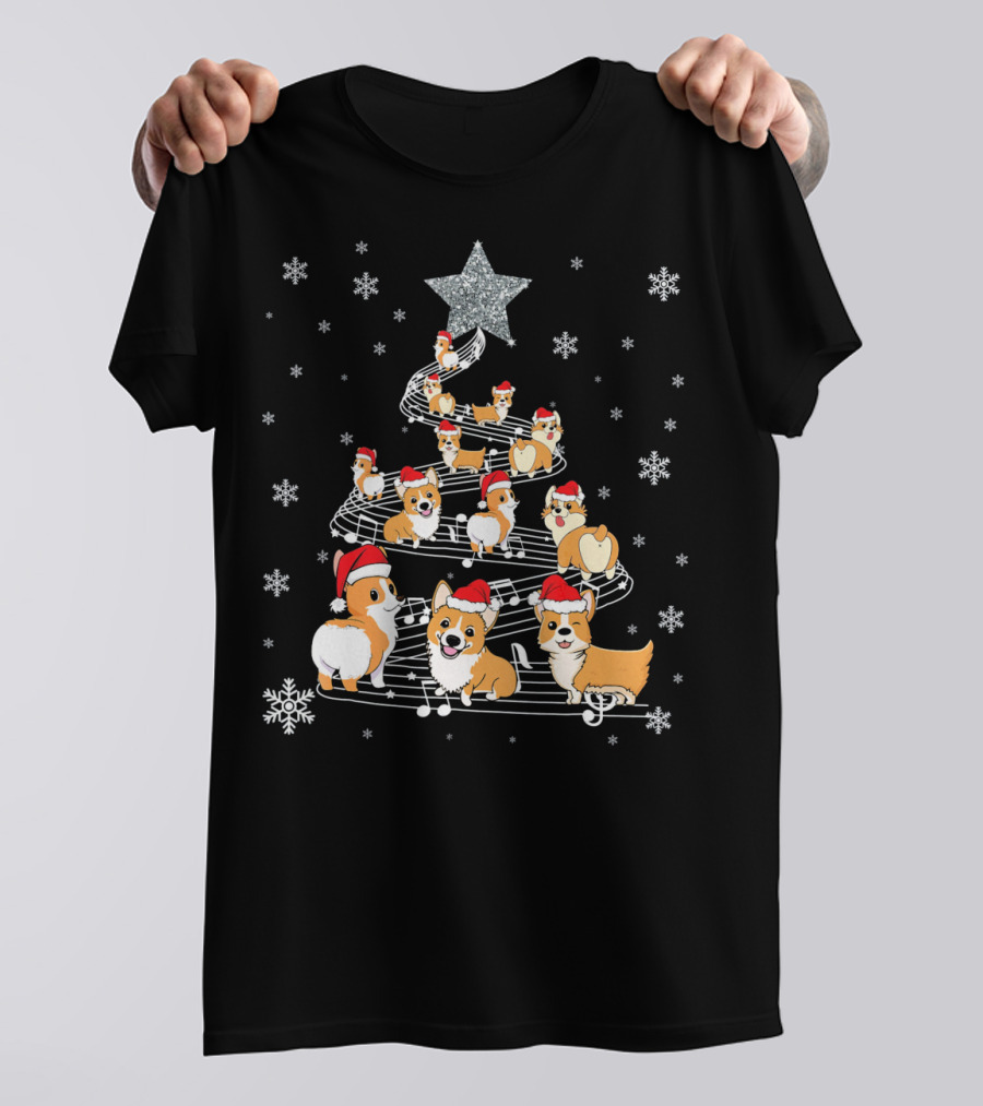 Corgi Dog Santa Hats Musical Notes Christmas Tree Snowflakes T-Shirt