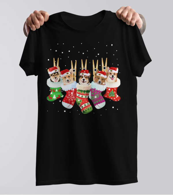 Christmas Corgi Stockings Santa Hats Snowflakes T-Shirt