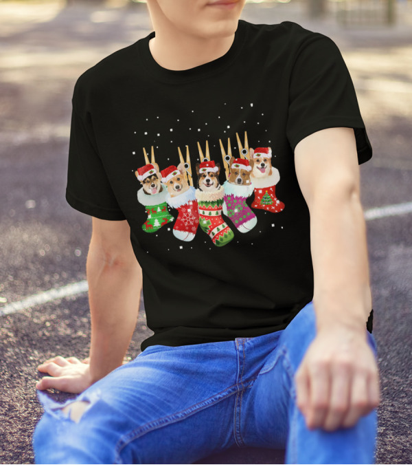 Christmas Corgi Stockings Santa Hats Snowflakes T-Shirt