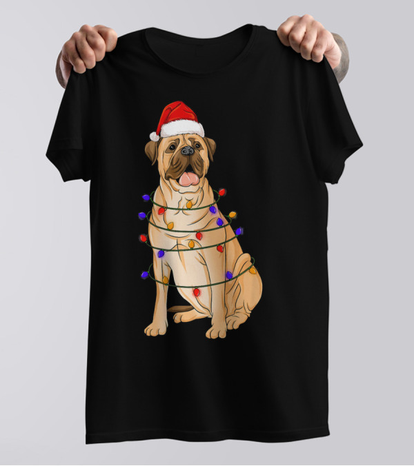 Bullmastiff Wearing Santa Hat Wrapped In Colorful Xmas Lights T-Shirt
