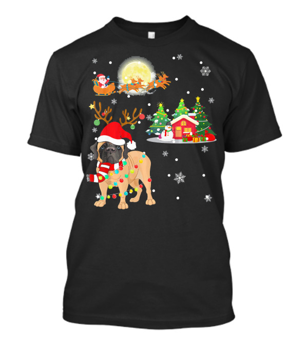 Santa Sleigh Christmas Cute English Mastiff Snowflakes Holiday Scene T-Shirt