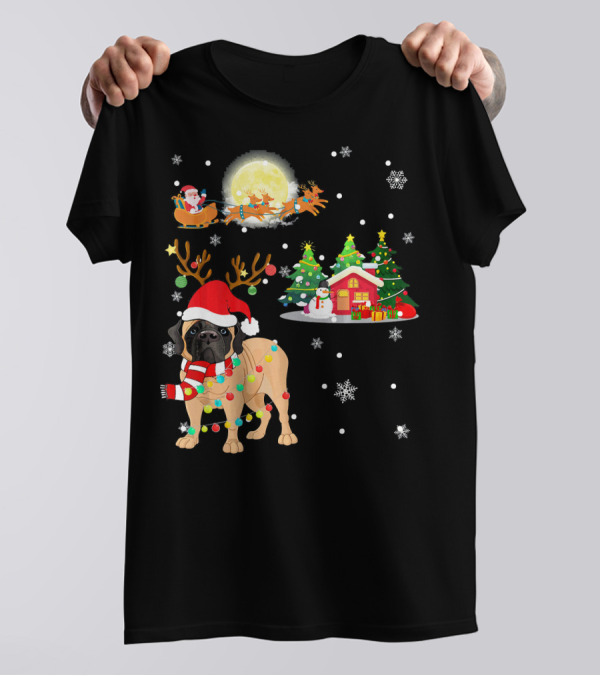 Santa Sleigh Christmas Cute English Mastiff Snowflakes Holiday Scene T-Shirt