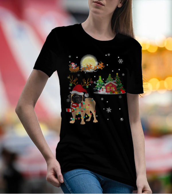 Santa Sleigh Christmas Cute English Mastiff Snowflakes Holiday Scene T-Shirt