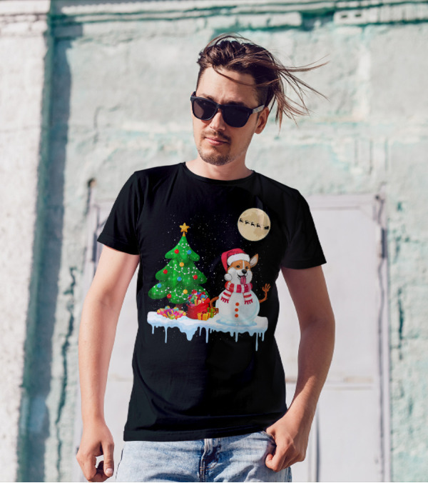 Corgi Snowman Christmas Tree Santa Moon Sled T-Shirt