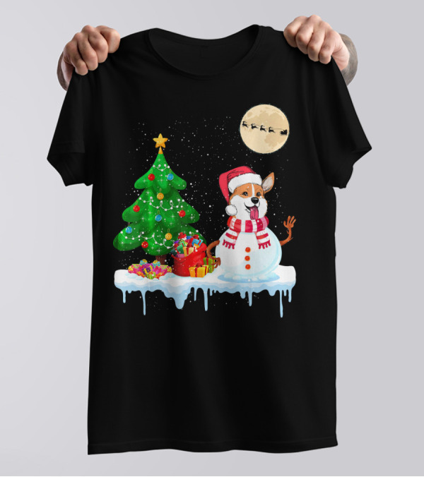 Corgi Snowman Christmas Tree Santa Moon Sled T-Shirt