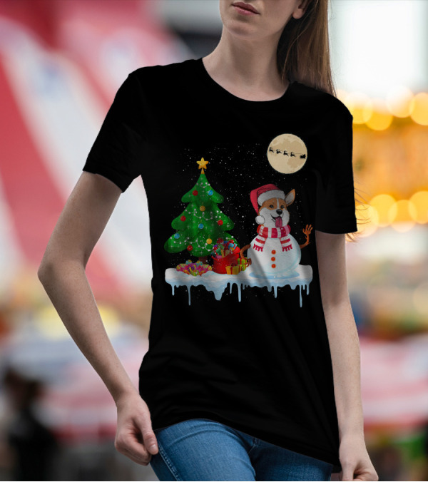 Corgi Snowman Christmas Tree Santa Moon Sled T-Shirt