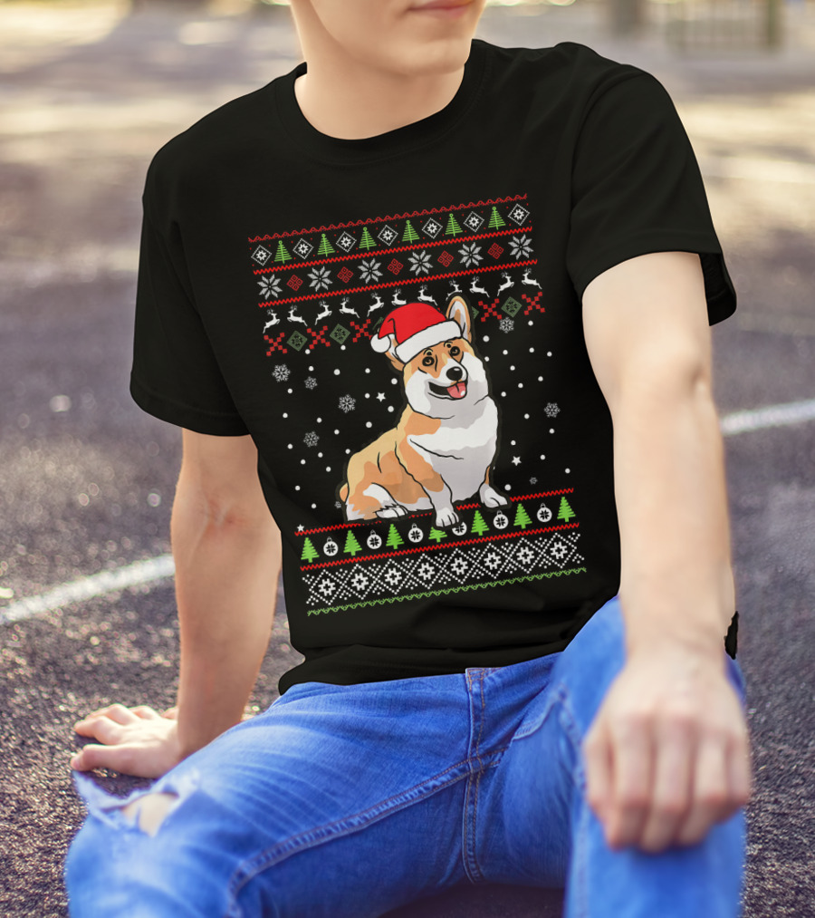 Corgi Christmas Santa Hat Ugly Sweater Pattern Family Group T-Shirt