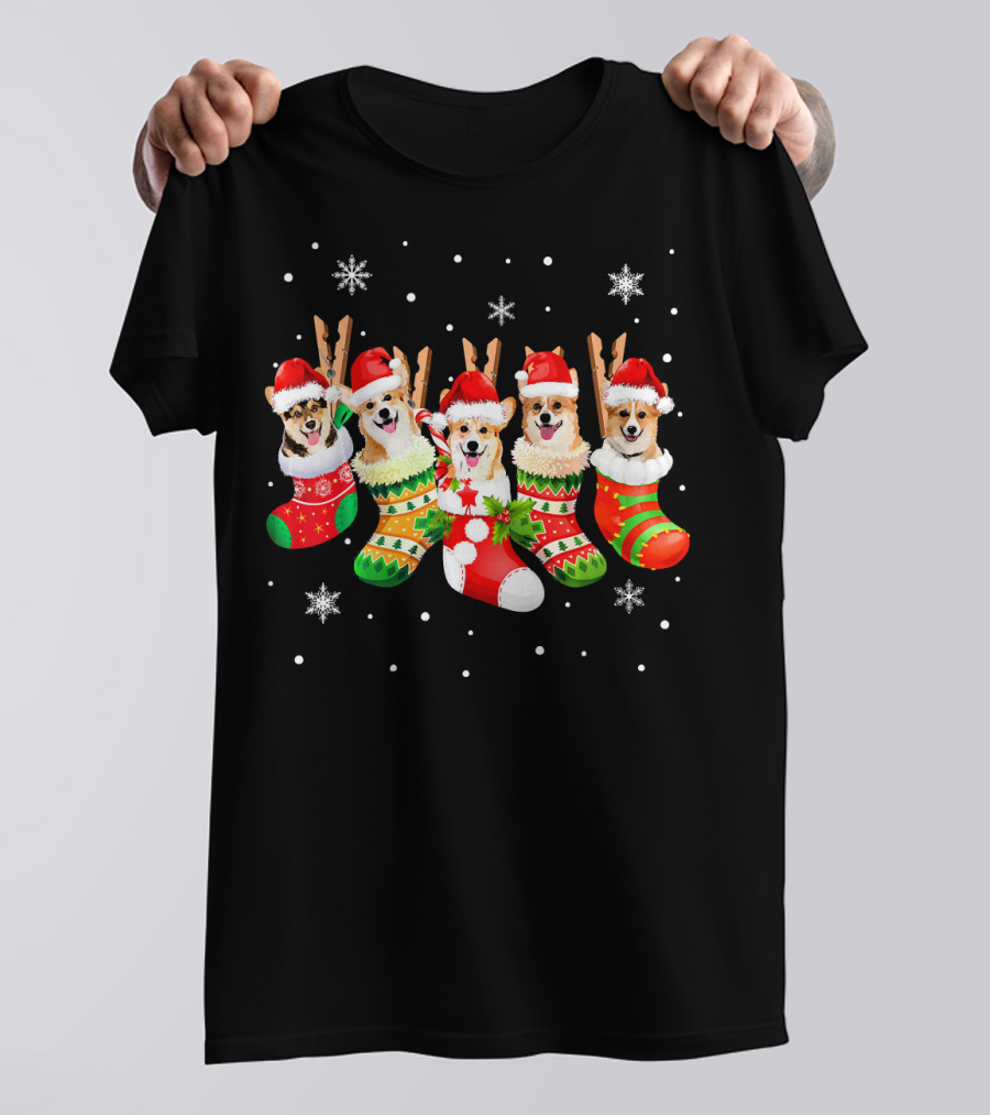 Cute Corgi In Christmas Socks Merry Holiday Snowflakes T-Shirt