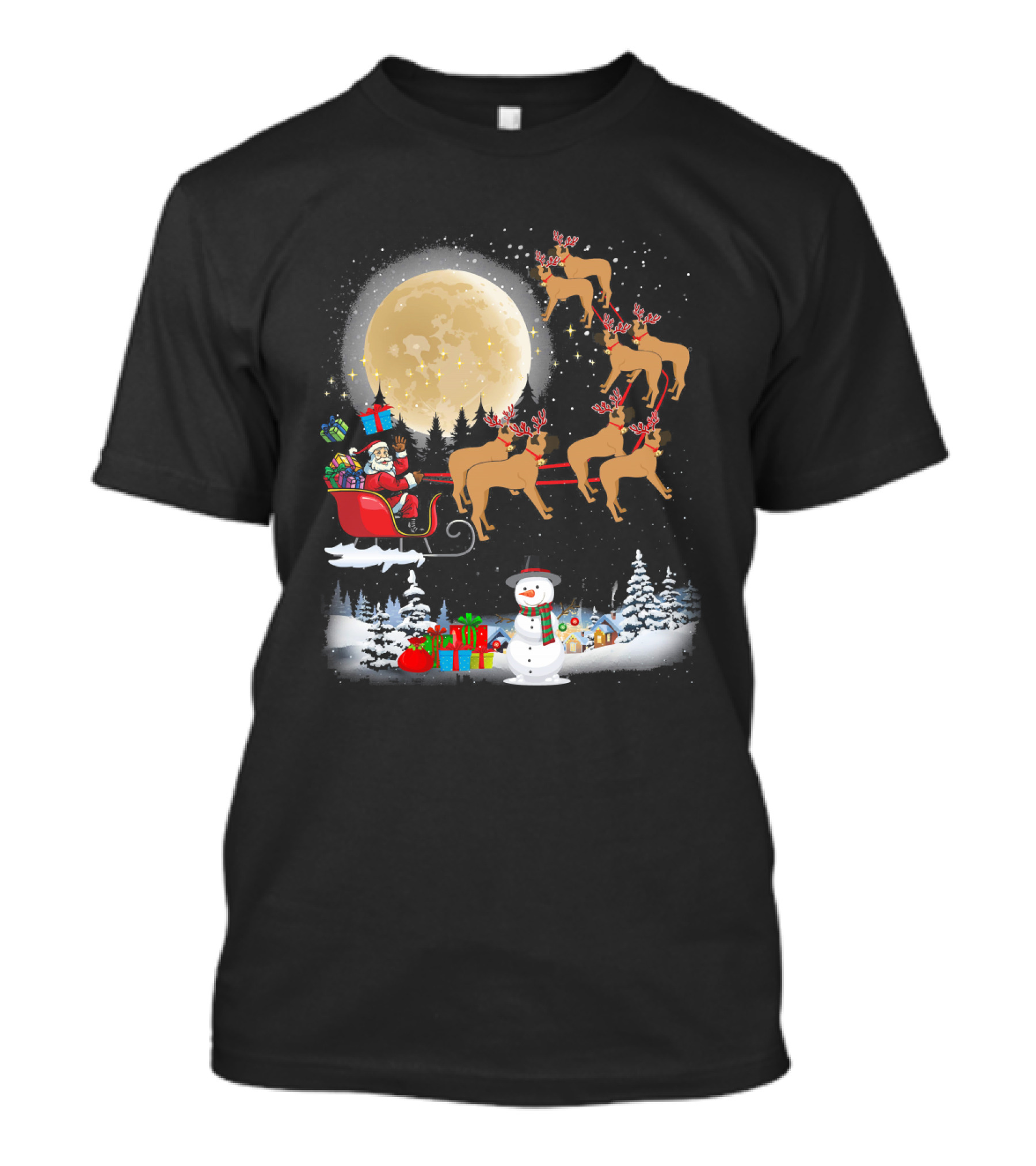 Santa's Sleigh Ride With Reindeer And Snowman In Winter Wonderland T-Shirt