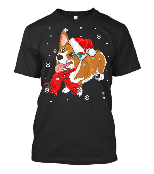 Corgi In Santa Hat And Red Scarf With Snowflakes T-Shirt