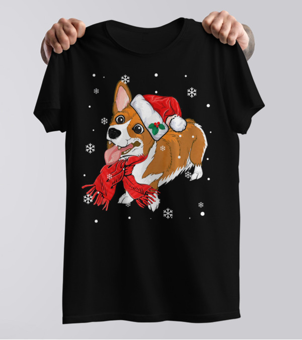 Corgi In Santa Hat And Red Scarf With Snowflakes T-Shirt