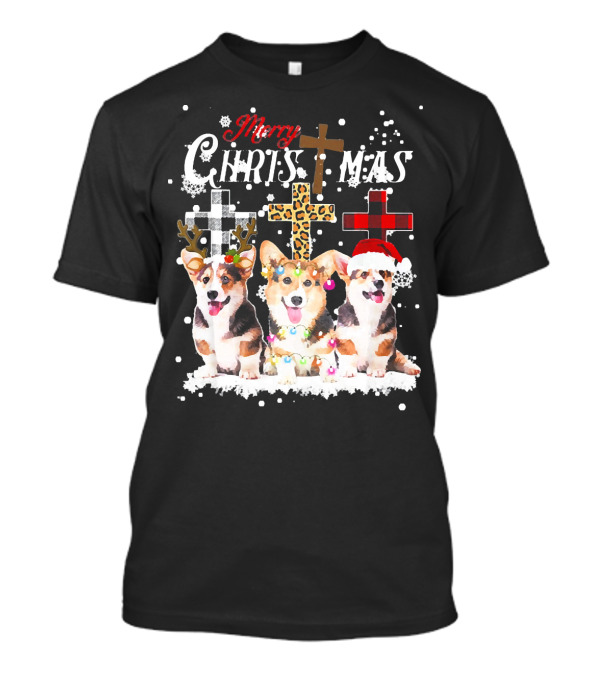 Merry Christmas Corgi Reindeer Santa Light Cross Snowflakes T-Shirt