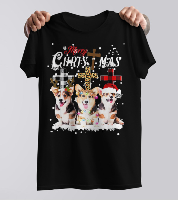 Merry Christmas Corgi Reindeer Santa Light Cross Snowflakes T-Shirt