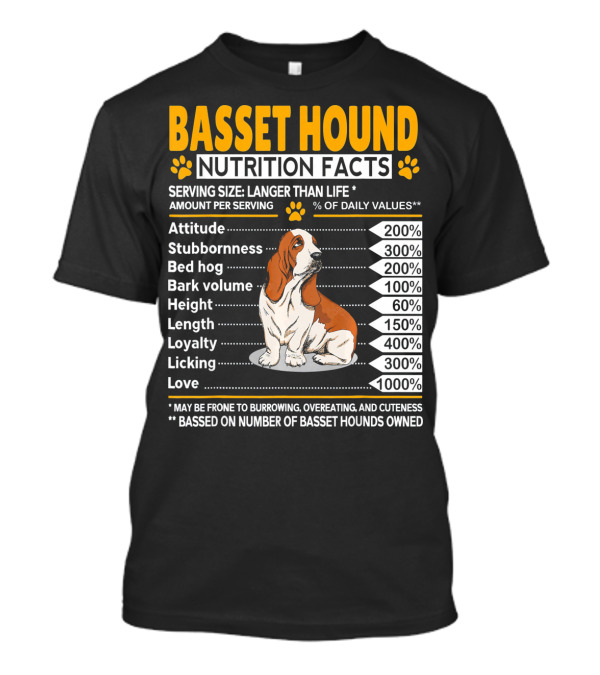 Basset Hound Nutrition Facts Attitude Stubbornness Bed Hog Bark Volume Height Length Loyalty Licking Love T-Shirt
