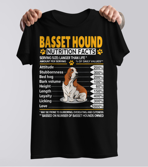 Basset Hound Nutrition Facts Attitude Stubbornness Bed Hog Bark Volume Height Length Loyalty Licking Love T-Shirt