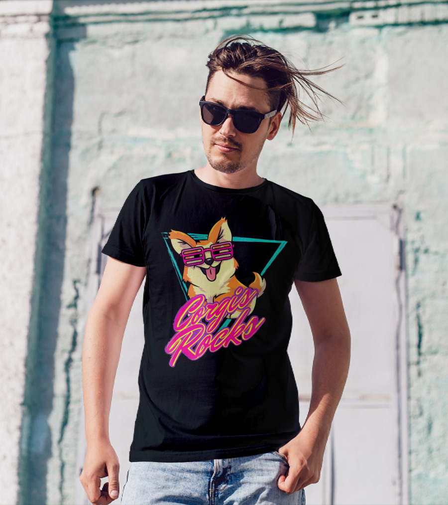 Corgis Rocks Retro 80s Disco Sunglasses T-Shirt