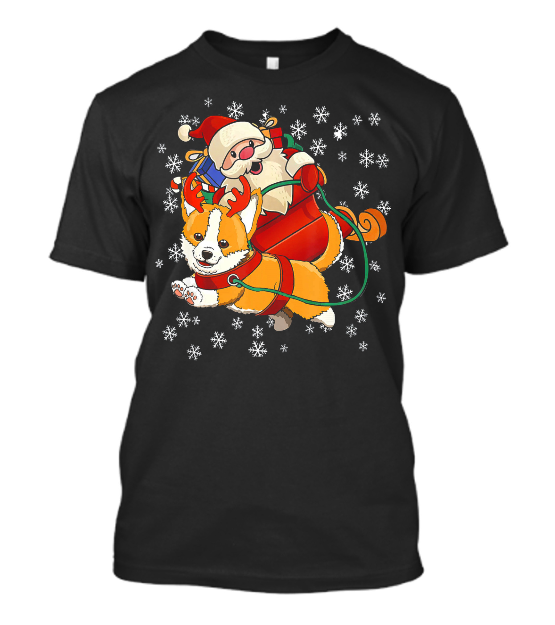 Christmas Reindeer Corgi With Santa And Snowflakes T-Shirt