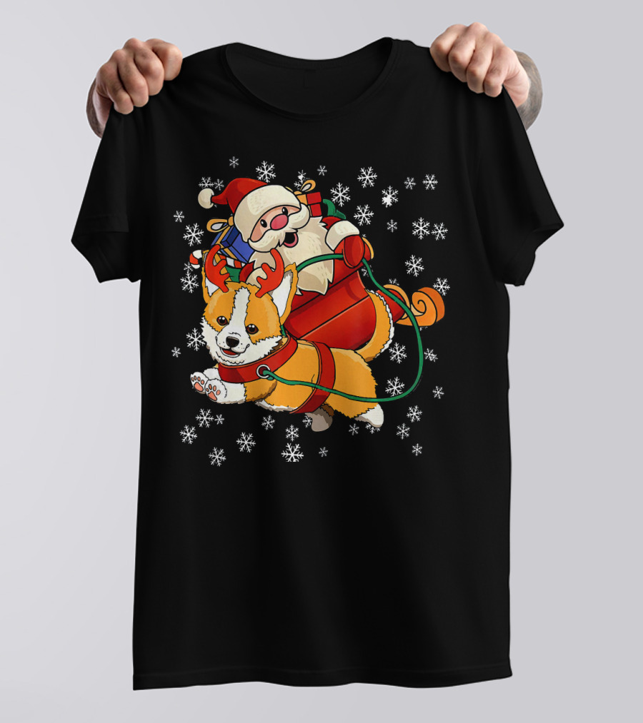 Christmas Reindeer Corgi With Santa And Snowflakes T-Shirt