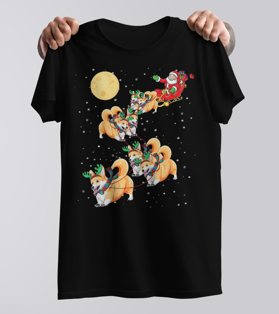 Corgi Christmas Santa Sleigh Reindeer Dogs T-Shirt