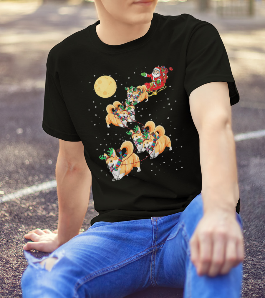 Corgi Christmas Santa Sleigh Reindeer Dogs T-Shirt