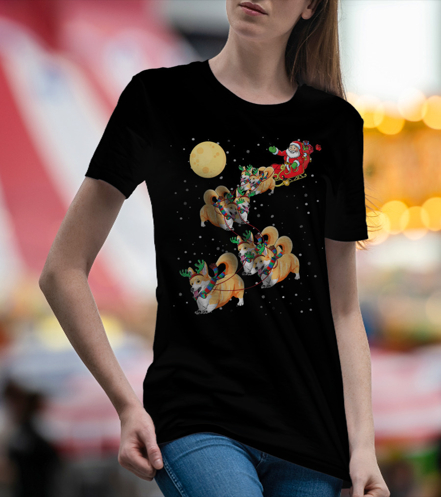 Corgi Christmas Santa Sleigh Reindeer Dogs T-Shirt