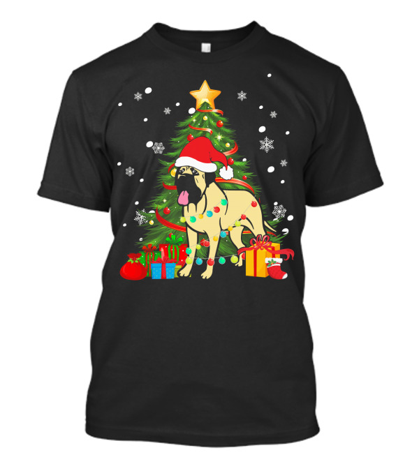 Bullmastiff Santa Christmas With Pine Tree And Gifts T-Shirt