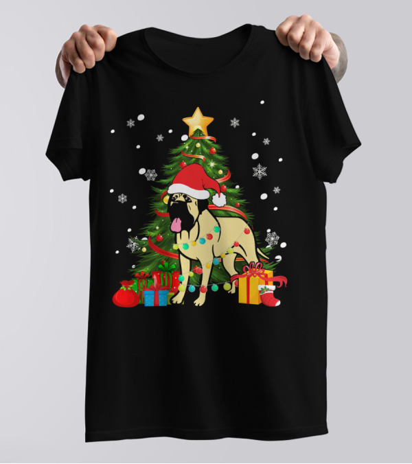 Bullmastiff Santa Christmas With Pine Tree And Gifts T-Shirt