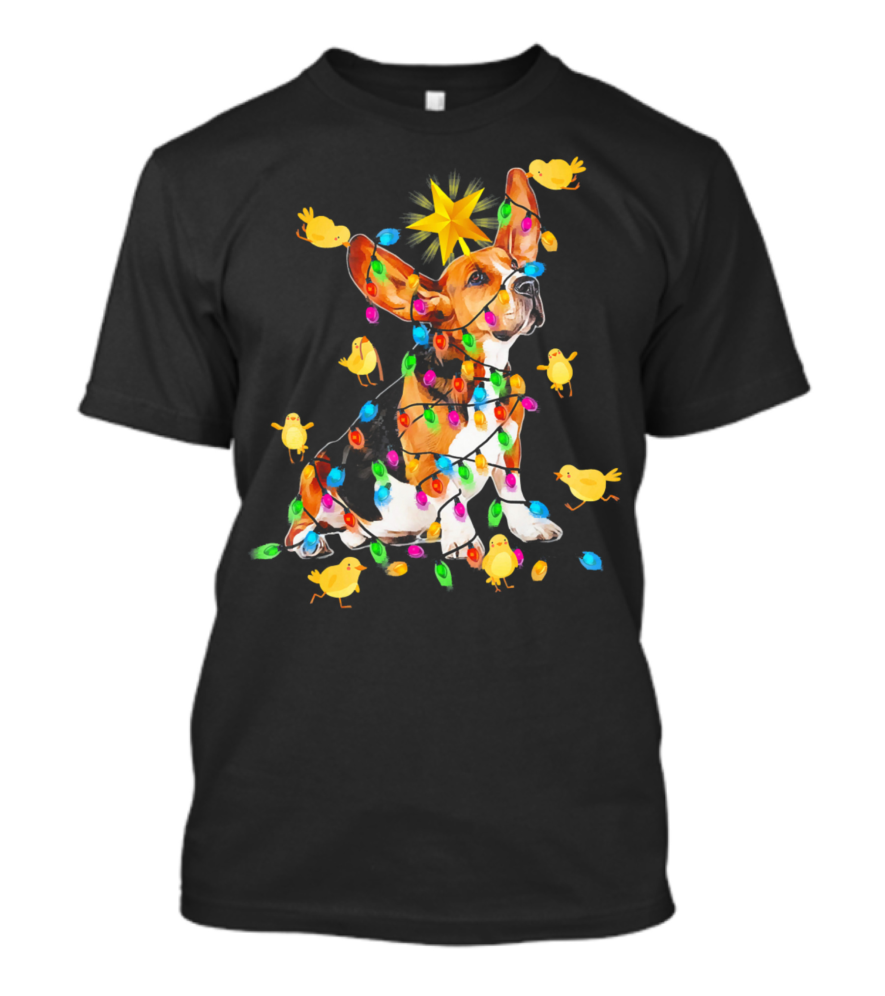 Basset Hound Star Wrapped In Colorful Lights With Nice Dog Surrounded By Yellow Chicks T-Shirt