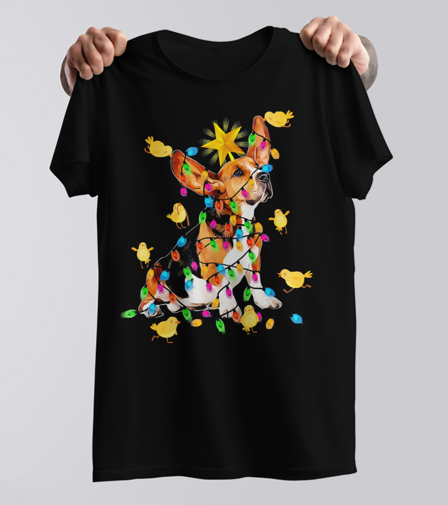 Basset Hound Star Wrapped In Colorful Lights With Nice Dog Surrounded By Yellow Chicks T-Shirt