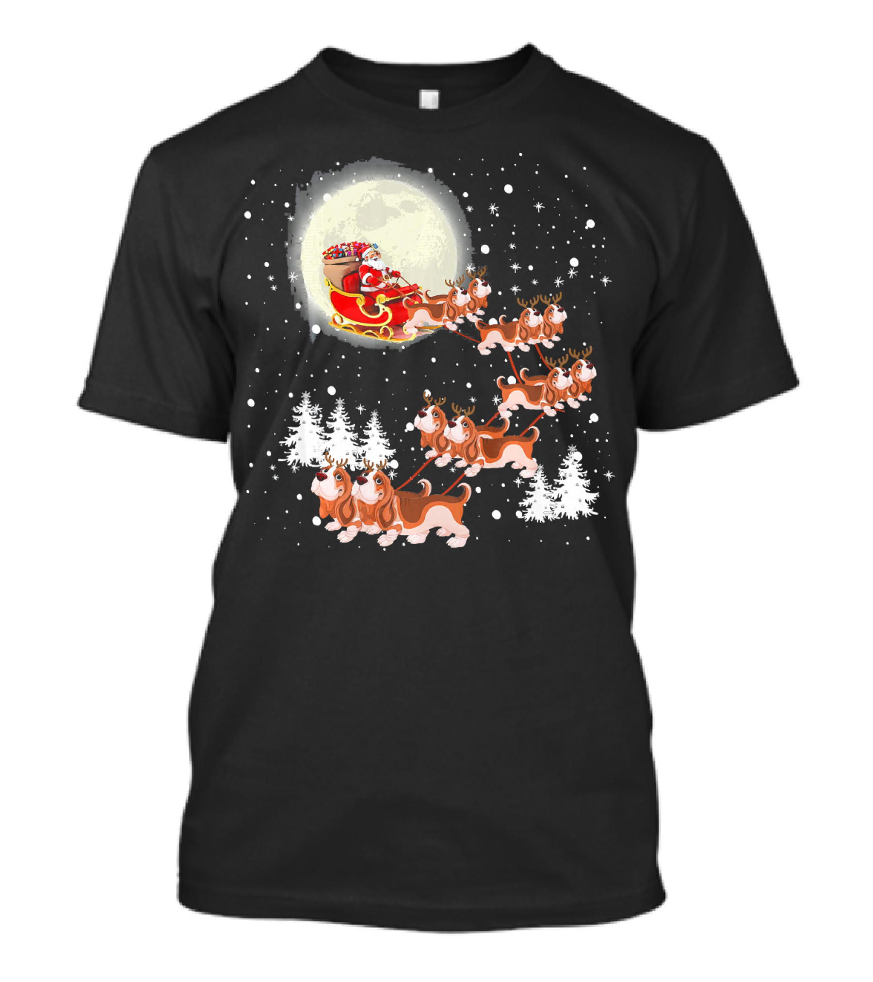 Cute Basset Hound Christmas Lights Reindeer Santa Sleigh Moon Snowflakes T-Shirt