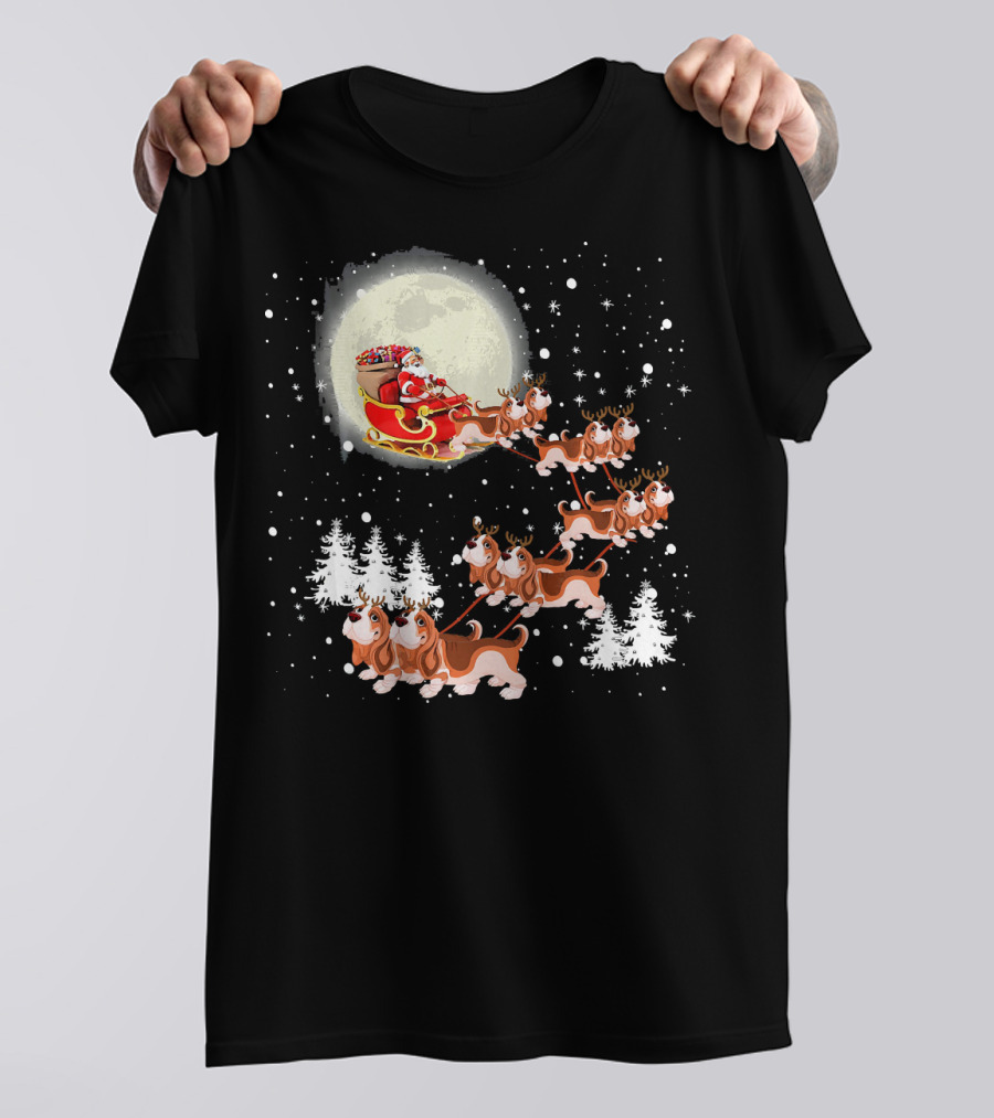 Cute Basset Hound Christmas Lights Reindeer Santa Sleigh Moon Snowflakes T-Shirt