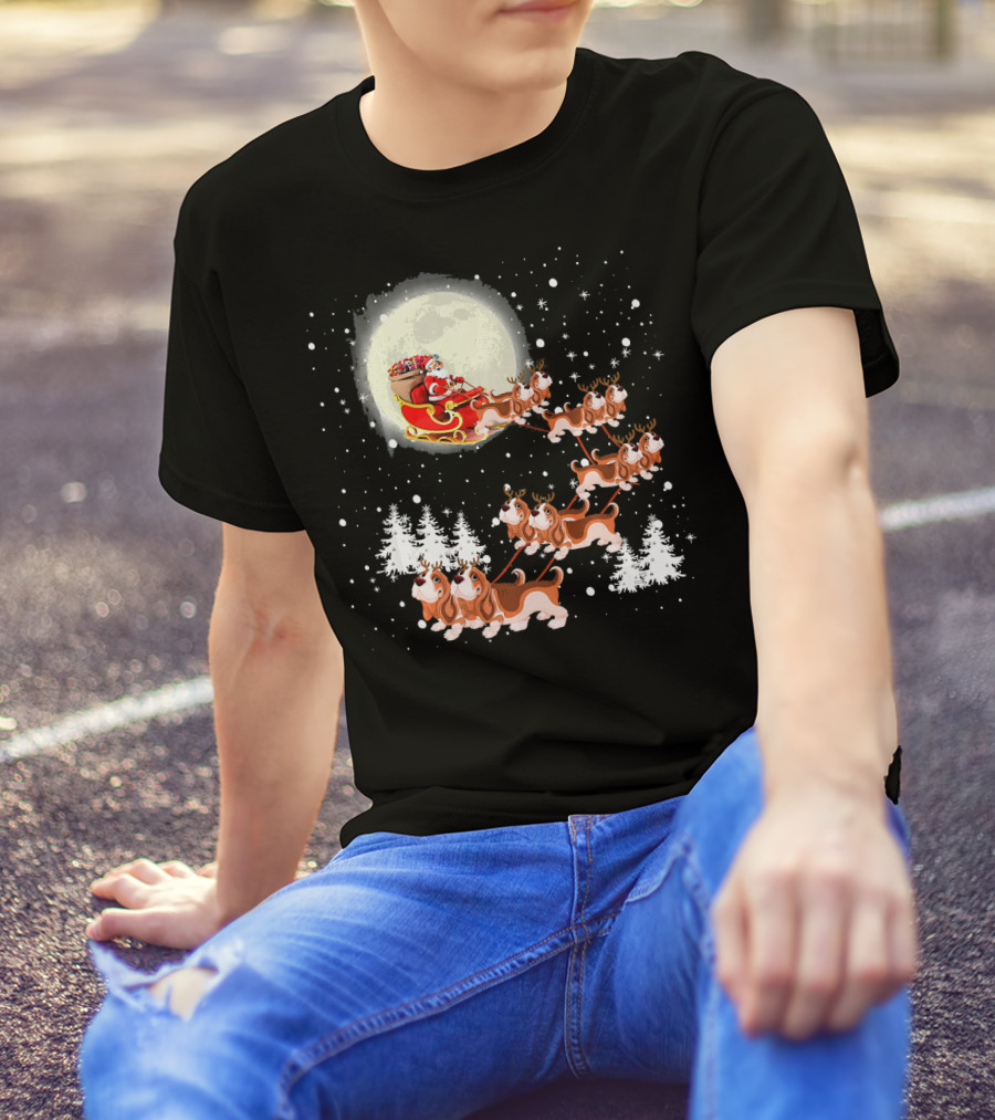 Cute Basset Hound Christmas Lights Reindeer Santa Sleigh Moon Snowflakes T-Shirt