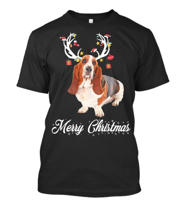 Merry Christmas Basset Hound Reindeer Horns T-Shirt