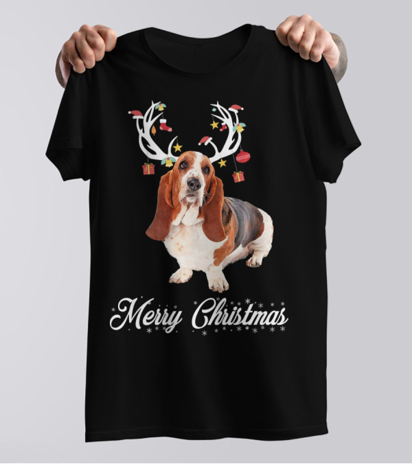 Merry Christmas Basset Hound Reindeer Horns T-Shirt