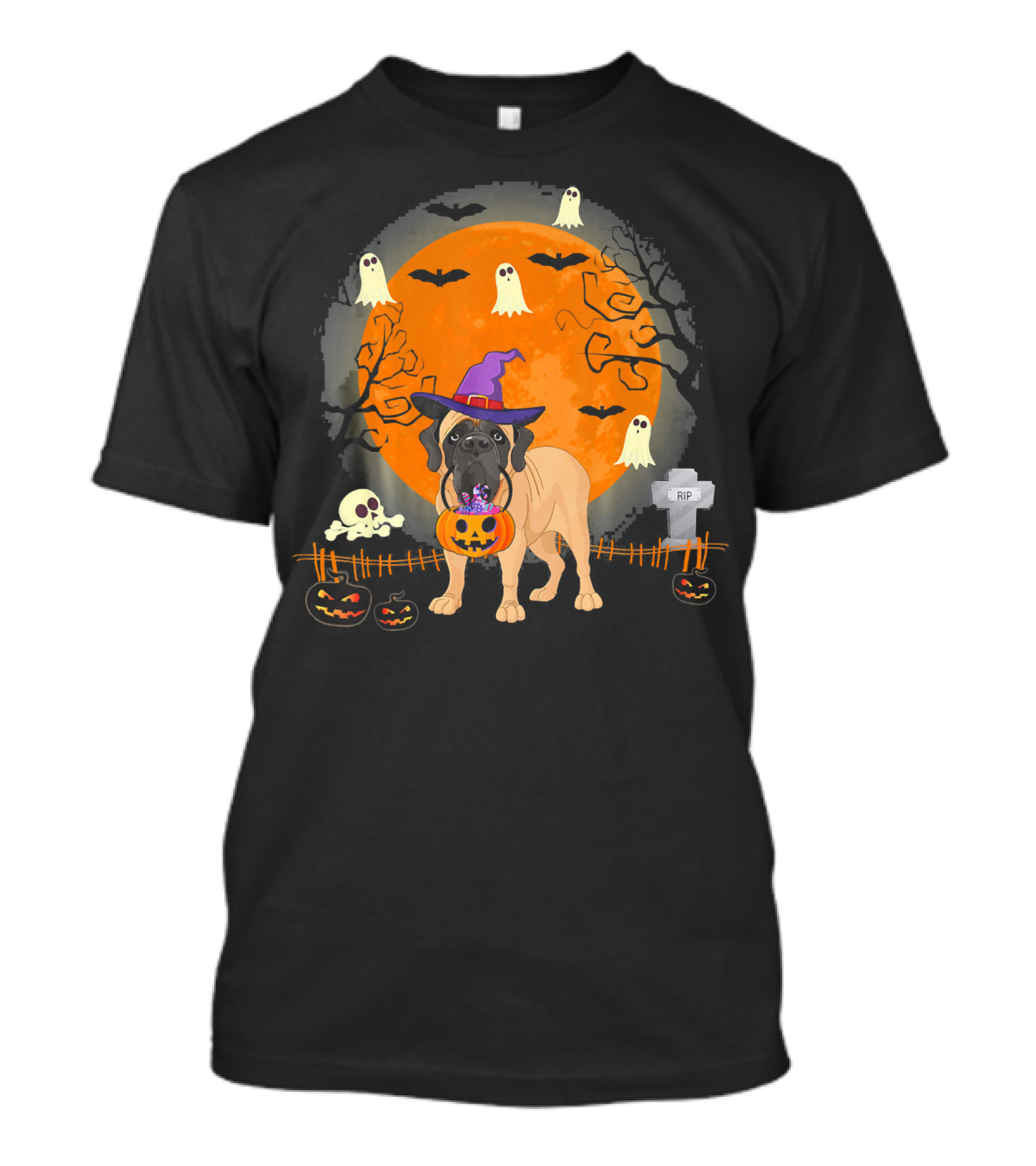 English Mastiff Dog Witch Halloween Pumpkin Ghosts And Bats T-Shirt