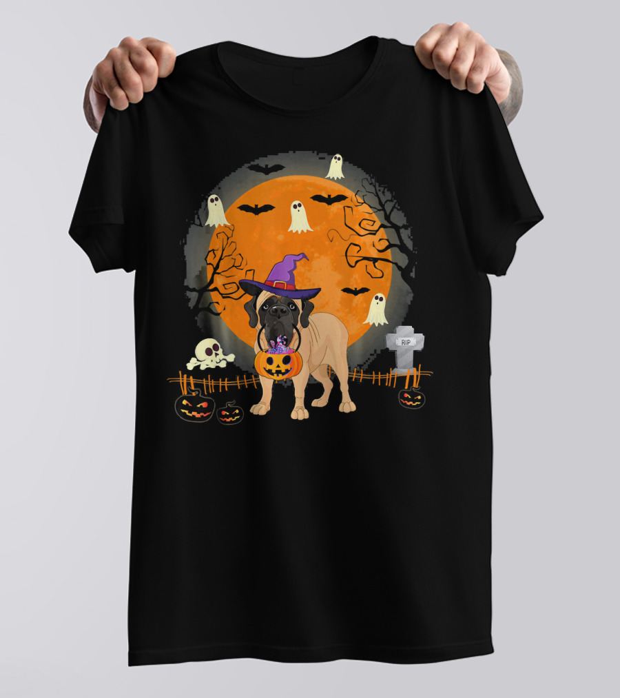 English Mastiff Dog Witch Halloween Pumpkin Ghosts And Bats T-Shirt