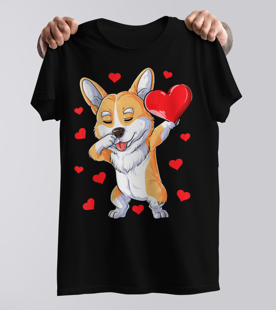 Valentines Day Dabbing Corgi With Hearts T-Shirt