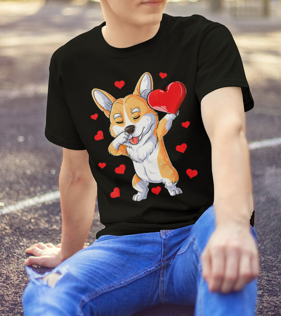 Valentines Day Dabbing Corgi With Hearts T-Shirt
