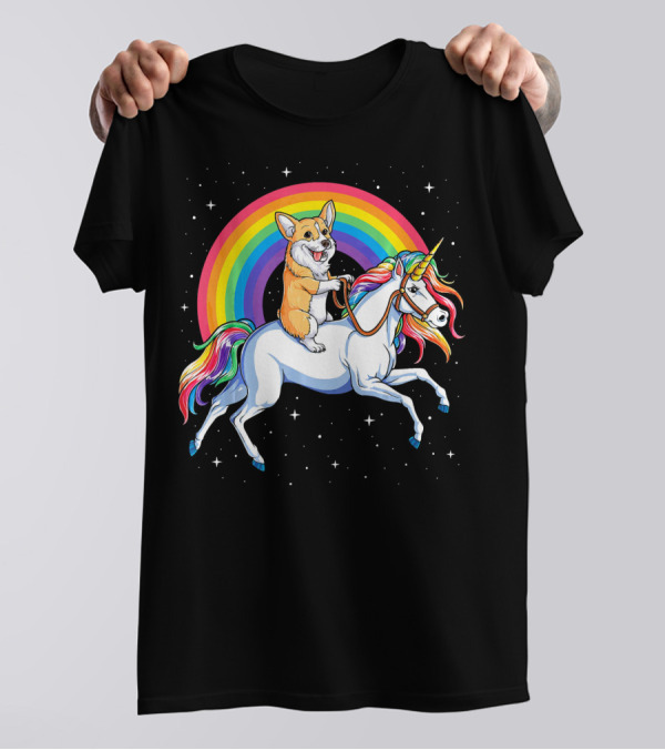 Corgi Riding Unicorn Rainbow Space Galaxy Adventure Girls T-Shirt