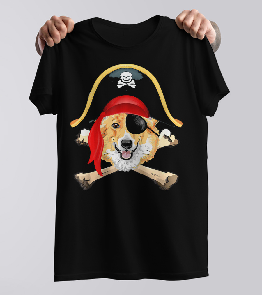 Corgi Jolly Roger Pirate Funny Corgi Eyepatch Skull Crossbones T-Shirt