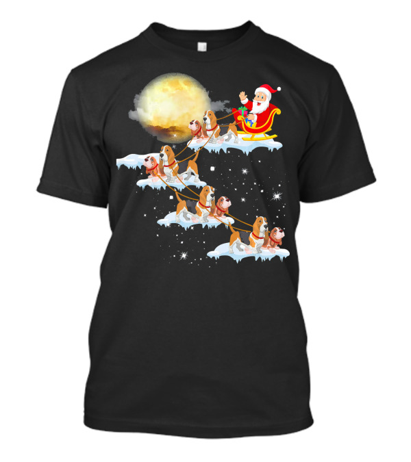 Santa's Sleigh With Reindeer Basset Hound Dogs Under Full Moon T-Shirt