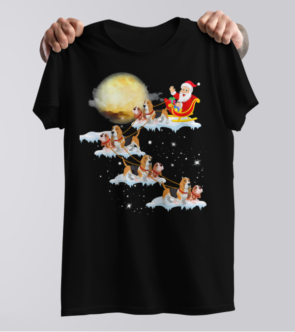Santa's Sleigh With Reindeer Basset Hound Dogs Under Full Moon T-Shirt