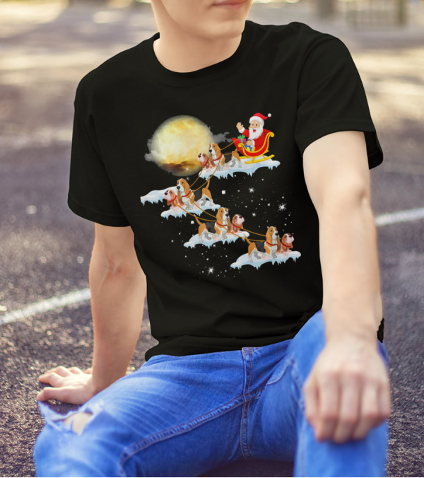 Santa's Sleigh With Reindeer Basset Hound Dogs Under Full Moon T-Shirt