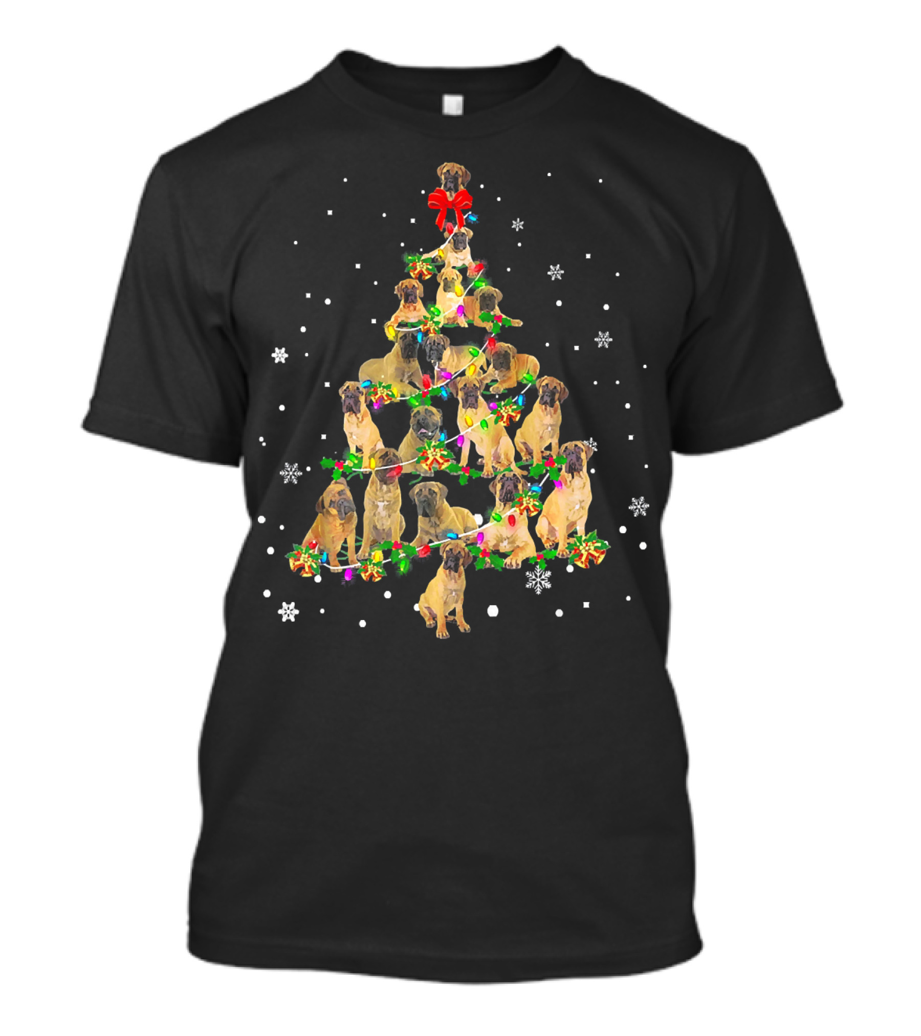 Cute Bullmastiff Dog Christmas Tree With Snowflakes And Festive Lights T-Shirt