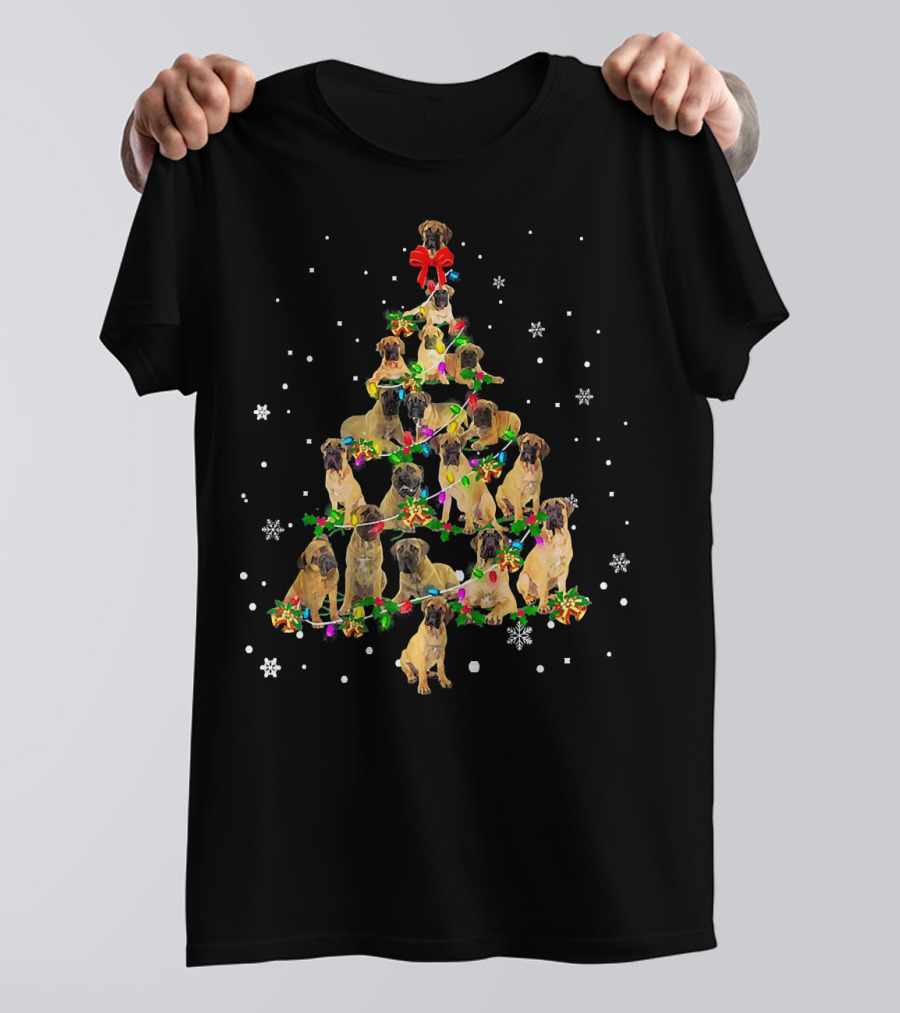 Cute Bullmastiff Dog Christmas Tree With Snowflakes And Festive Lights T-Shirt