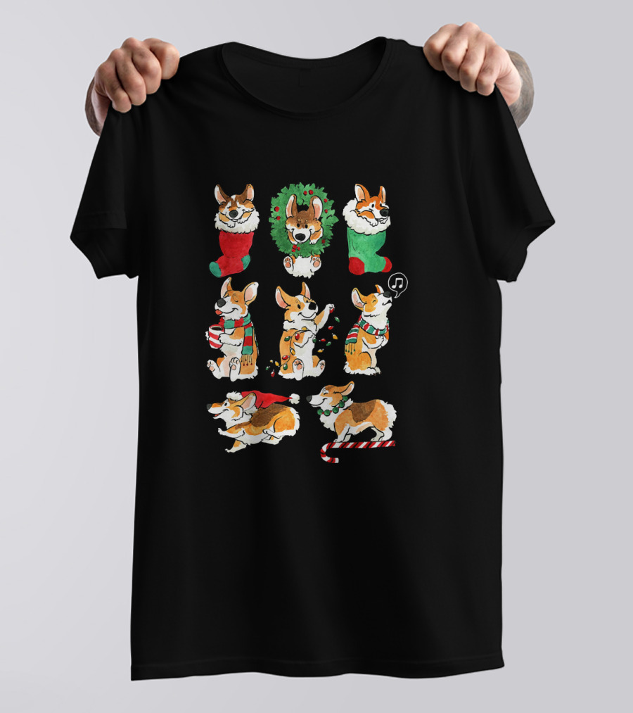 Corgi Santa Christmas Tree Lights Wreath Stocking Candy Cane Music Scarf T-Shirt