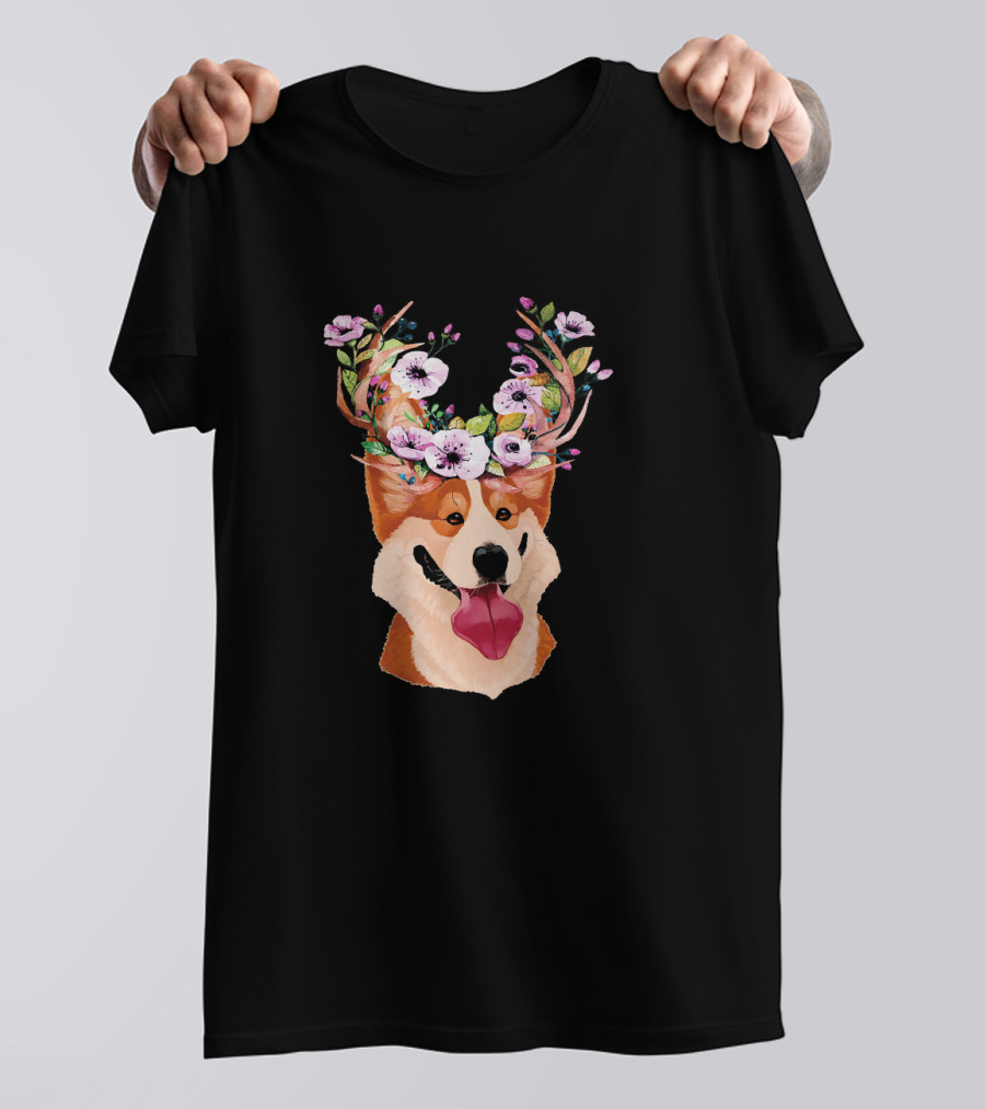 Corgi Dog With Antlers And Flower Christmas T-Shirt