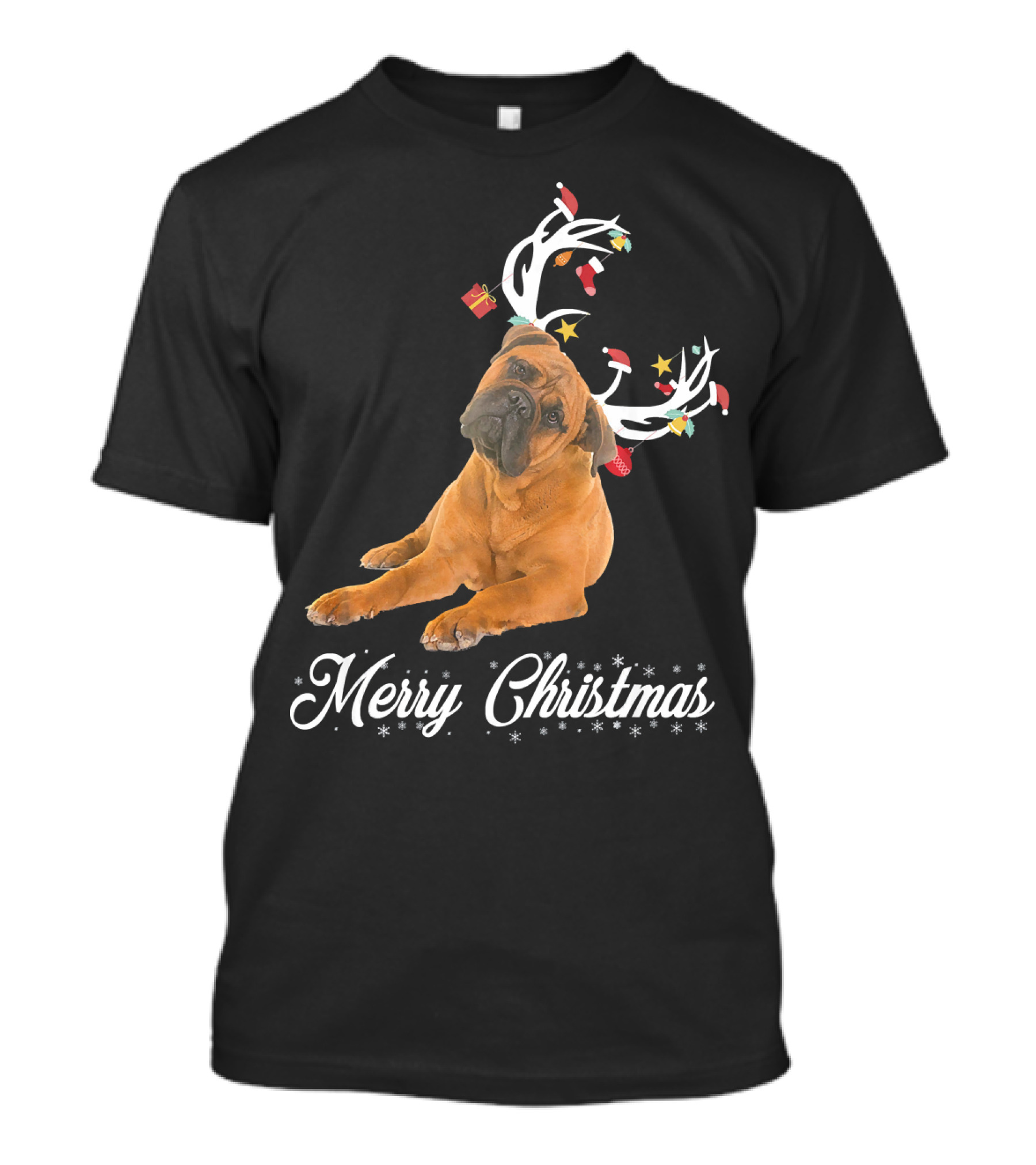Bullmastiff With Reindeer Antlers Merry Christmas T-Shirt
