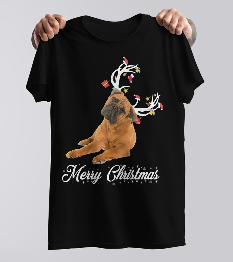 Bullmastiff With Reindeer Antlers Merry Christmas T-Shirt
